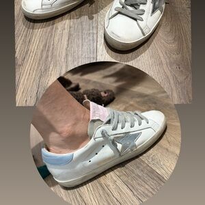 Golden Goose White Sneakers with Gray Star and Blue Heel